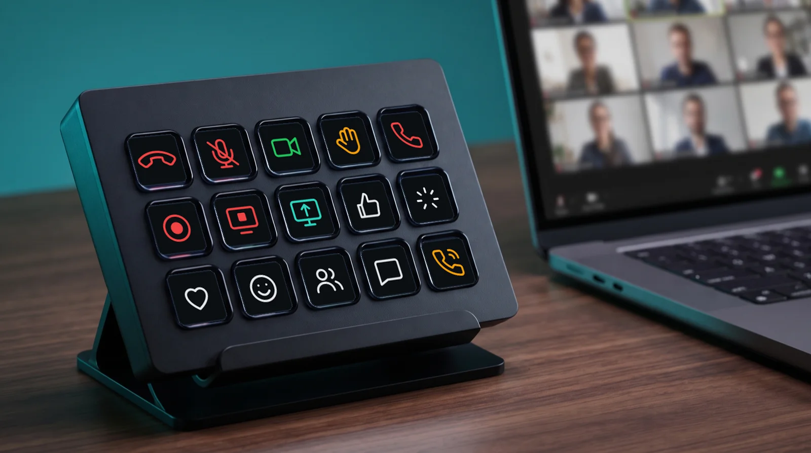 A Stream Deck MK.2 next to a laptop in a video call. Its keys show live Call State status, microphone, camera and hand states.
