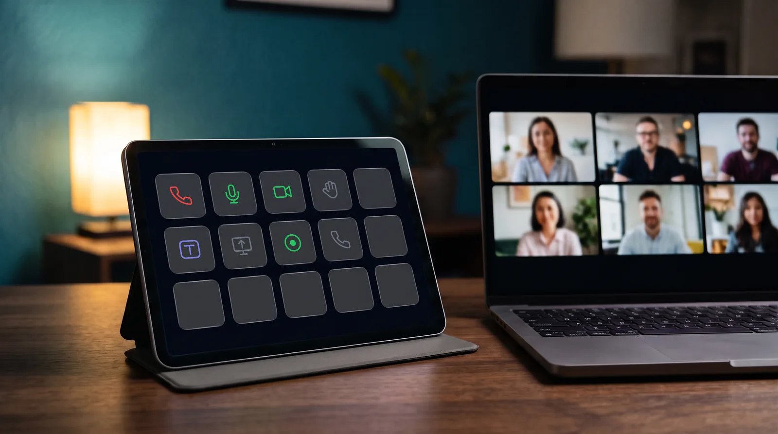 A neutral tablet in a folio stand next to a laptop in a video call. Its buttons show Call State controls: leave, microphone, camera and hand.